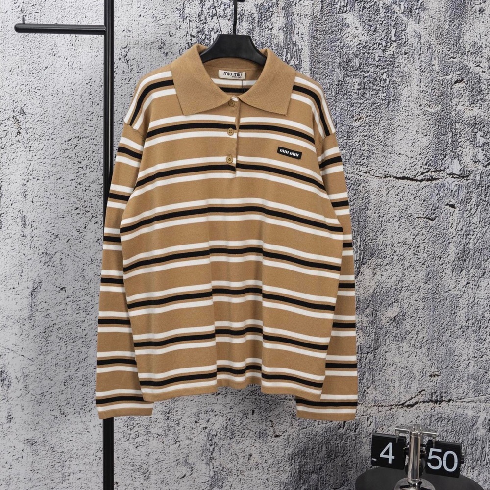 Miu Miu Women's Striped Long Sleeve Top - Tan and Black